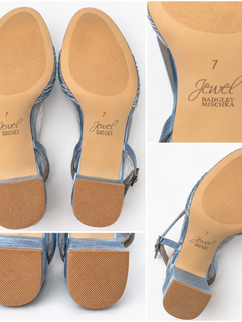 Jewel Badgley Mischka Light Blue Satin Block Heel Sandals